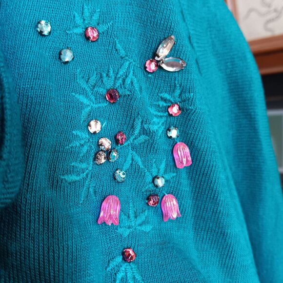 Vintage Women's Top Small 1970's You Babes Cropped Knit Teal Rhinestones Goucho - Picture 8 of 10